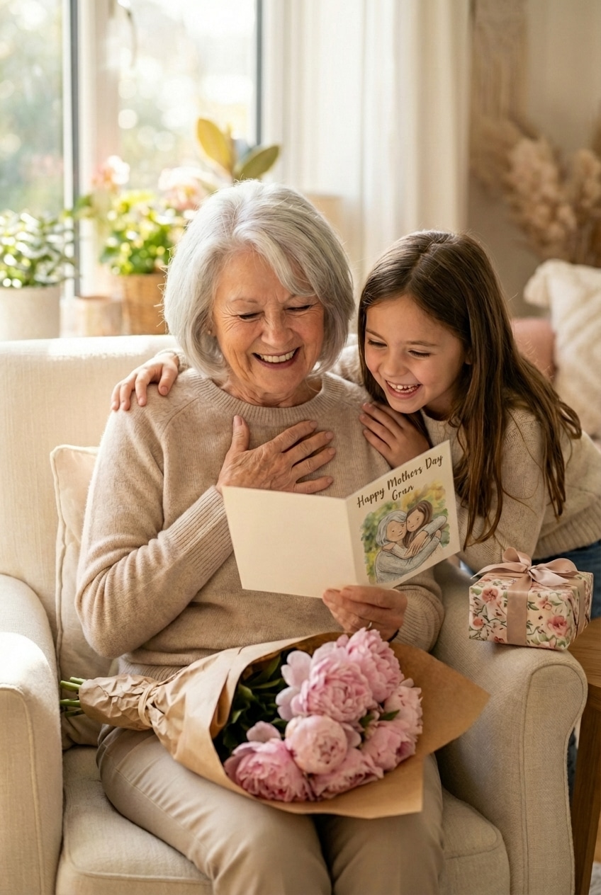 Grandmother receiving a personalised watercolor illustration card from her granddaughter on Mother's Day