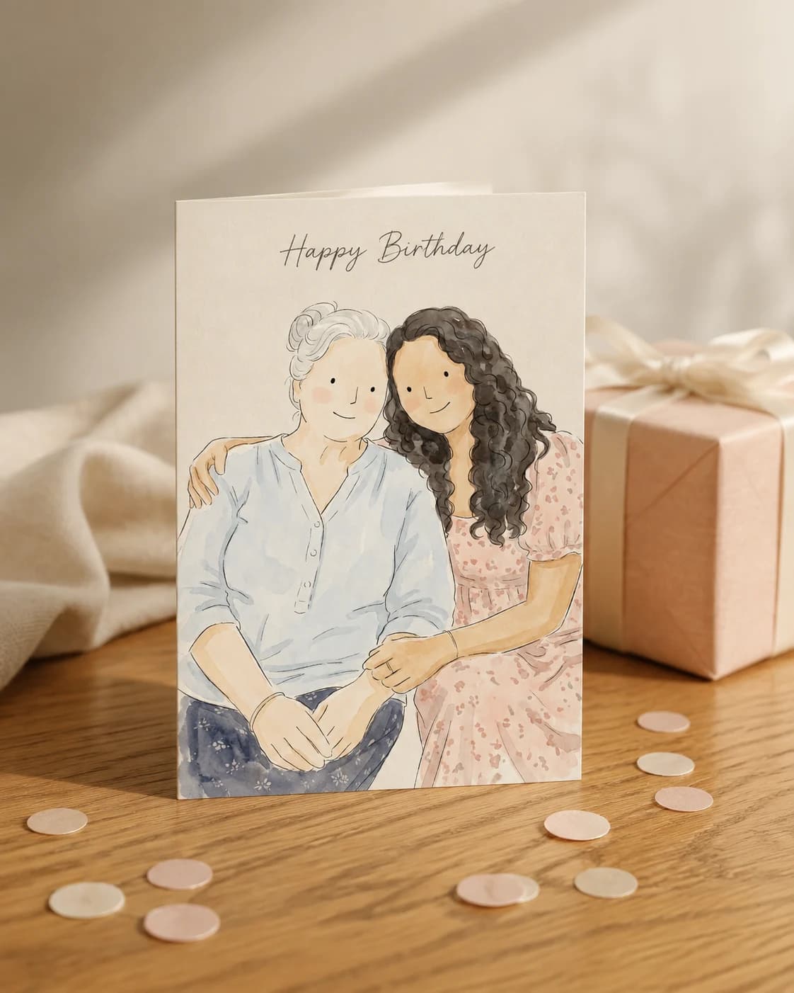 Styling idea: a watercolor birthday card beside a wrapped blush gift