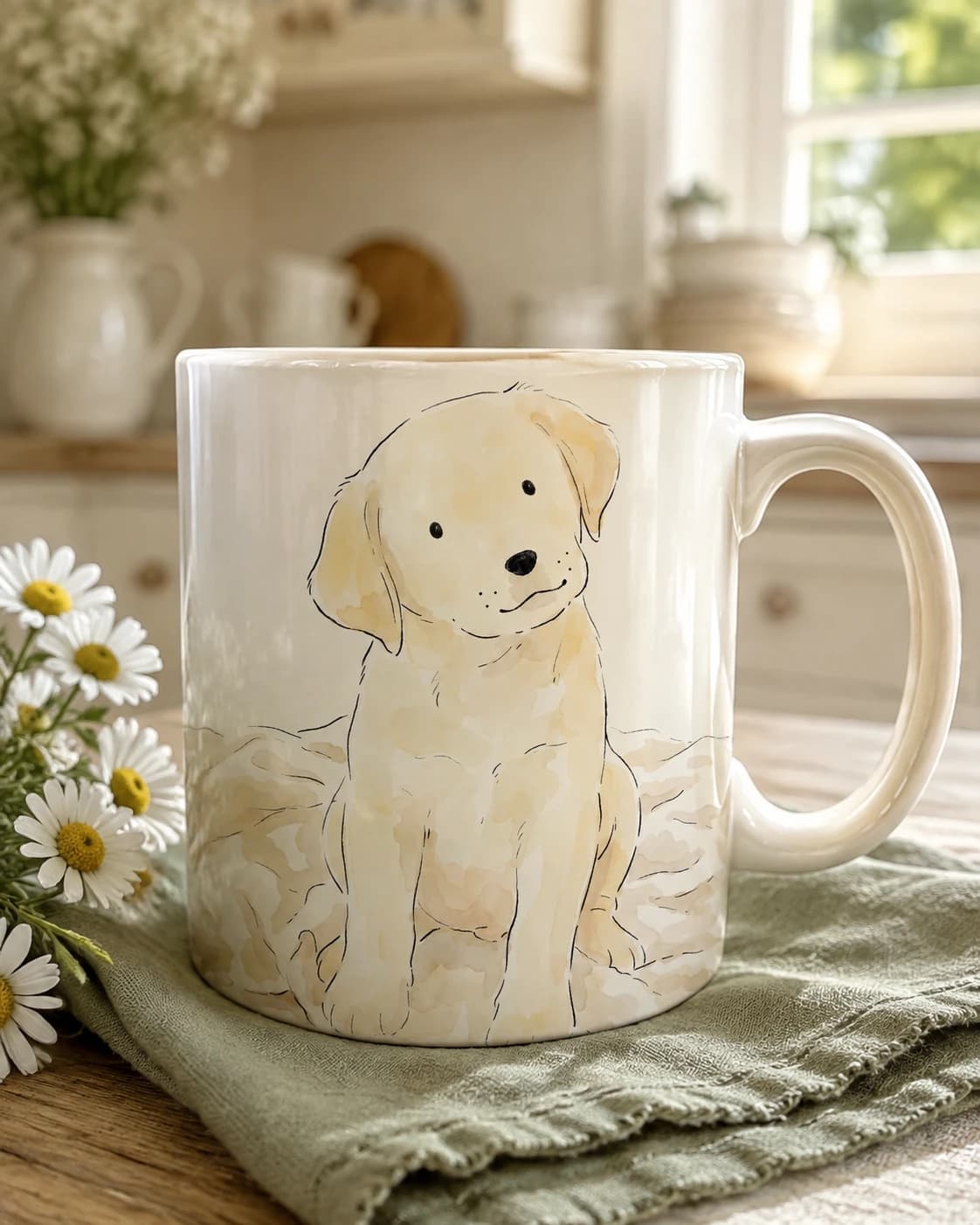 Styling idea: a yellow Labrador puppy watercolor on a cream mug in a sunlit kitchen