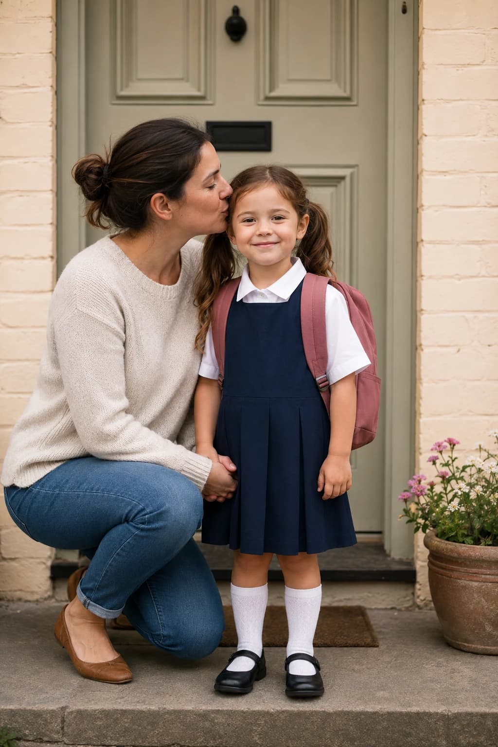The original example photograph of the mother and daughter at their front door