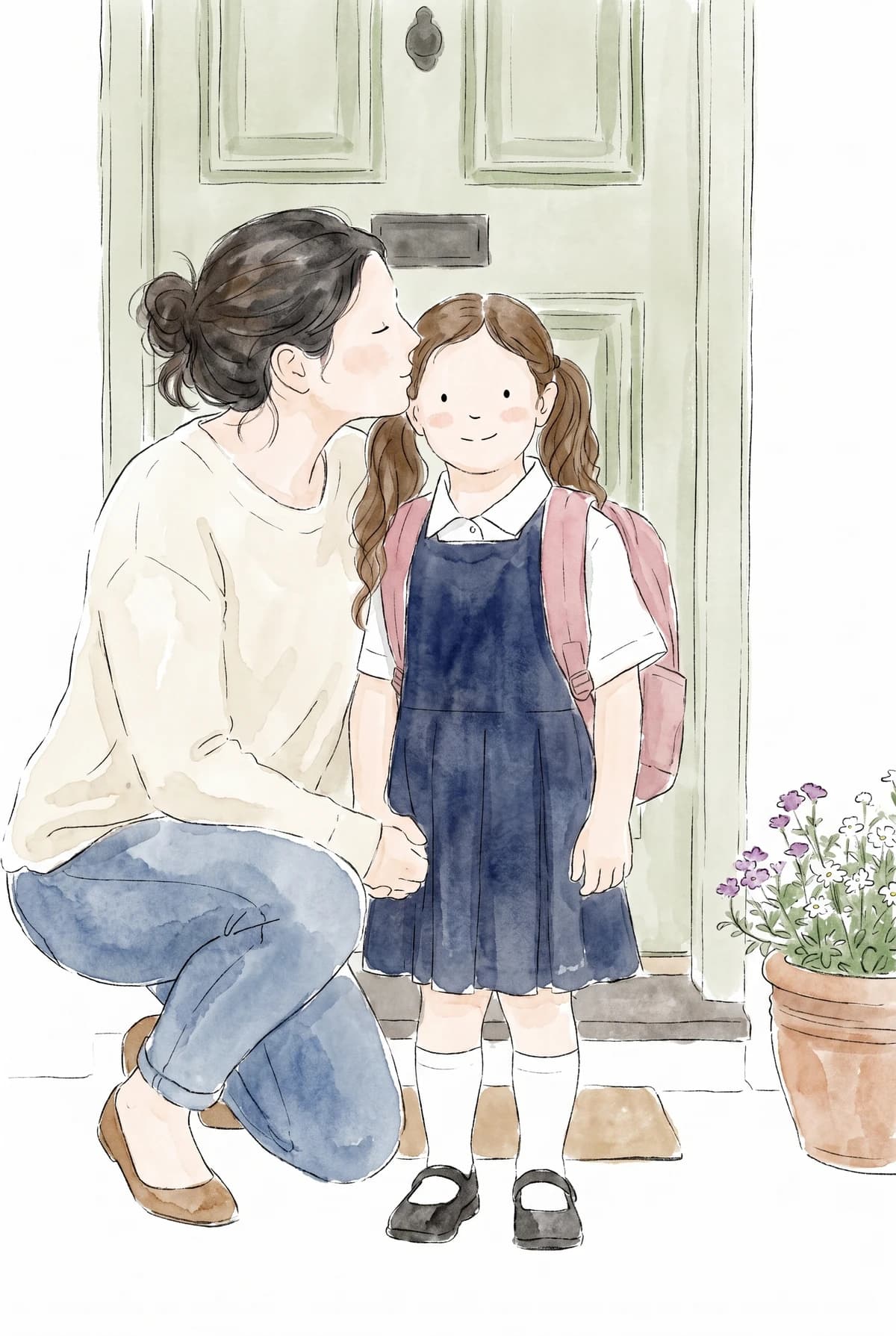 A gentle ink and watercolor illustration of a mother kissing her daughter on her first school day