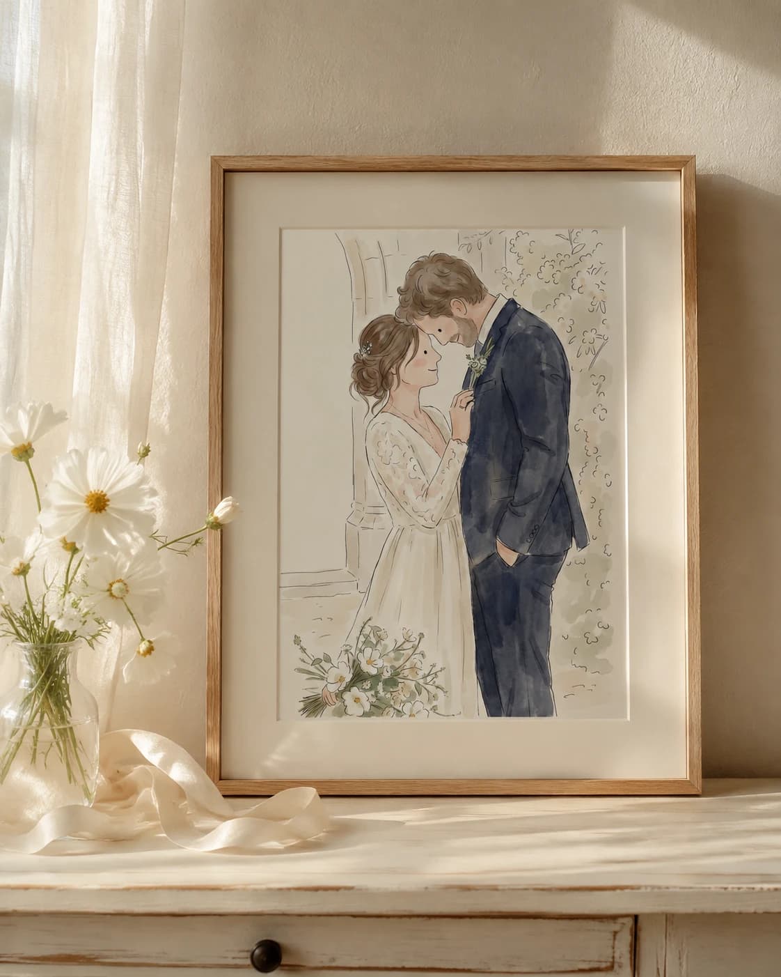 Styling idea: an intimate wedding watercolor in a pale oak frame, with a small bouquet beside it